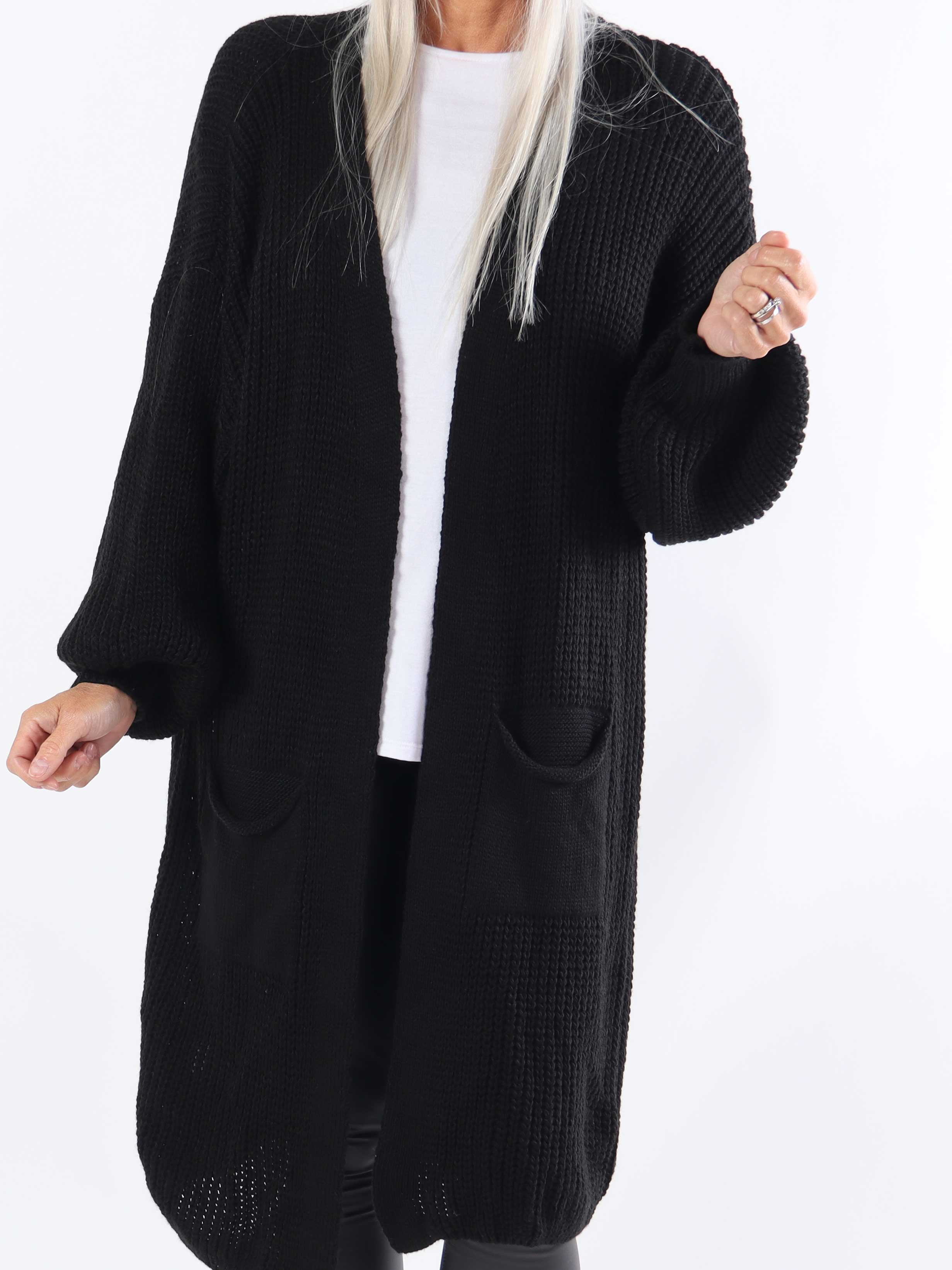 Sally Midi - Stickad kofta i plus size med ballongärmar och fickor